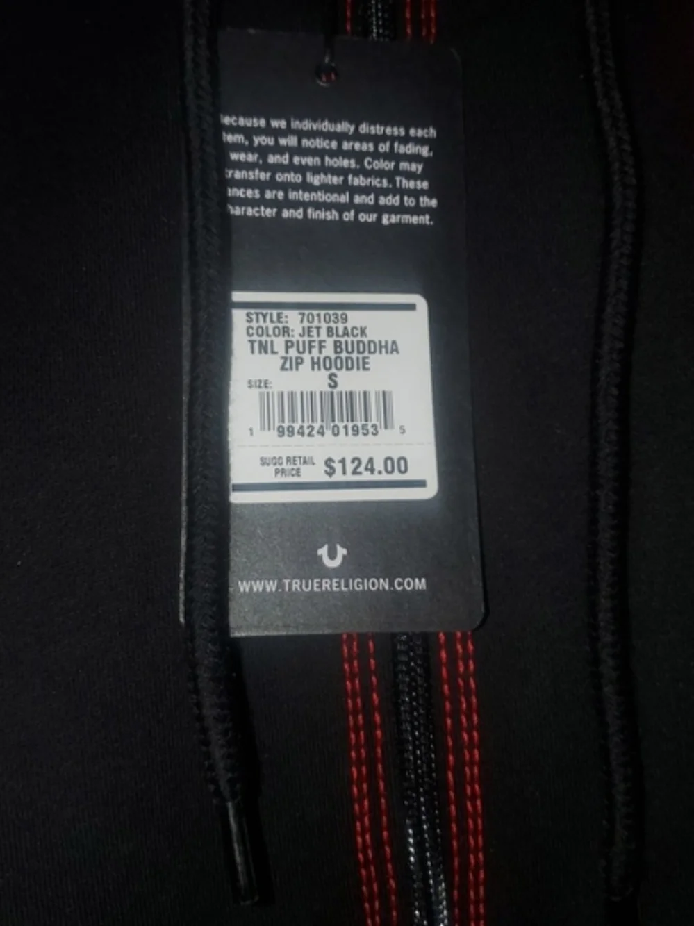 True Religion Jet Black Zip Hoodie with Red Trim, Size S